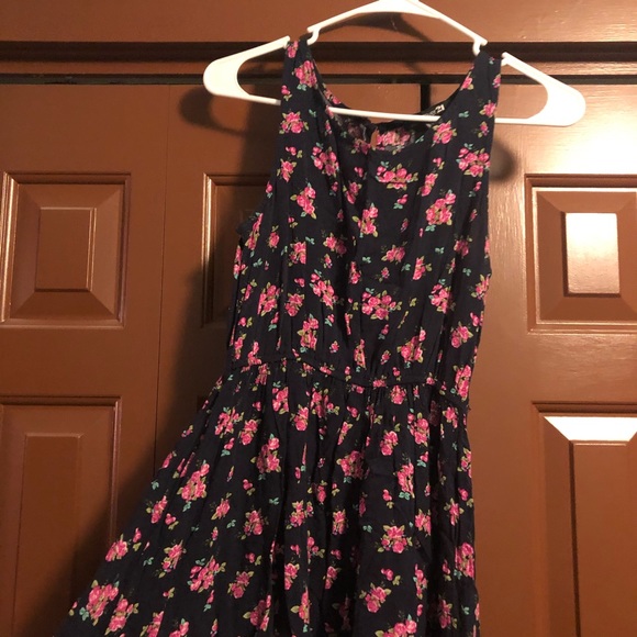 Navy blue floral dress with elastic waist - Picture 3 of 5